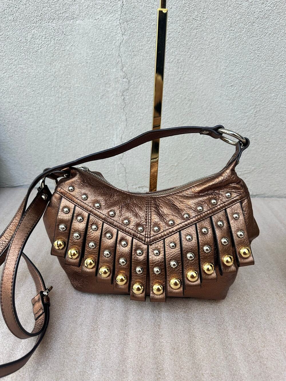 B. Makowsky Metallic Bronze Studded Leather Shoulder Bag / Crossbody